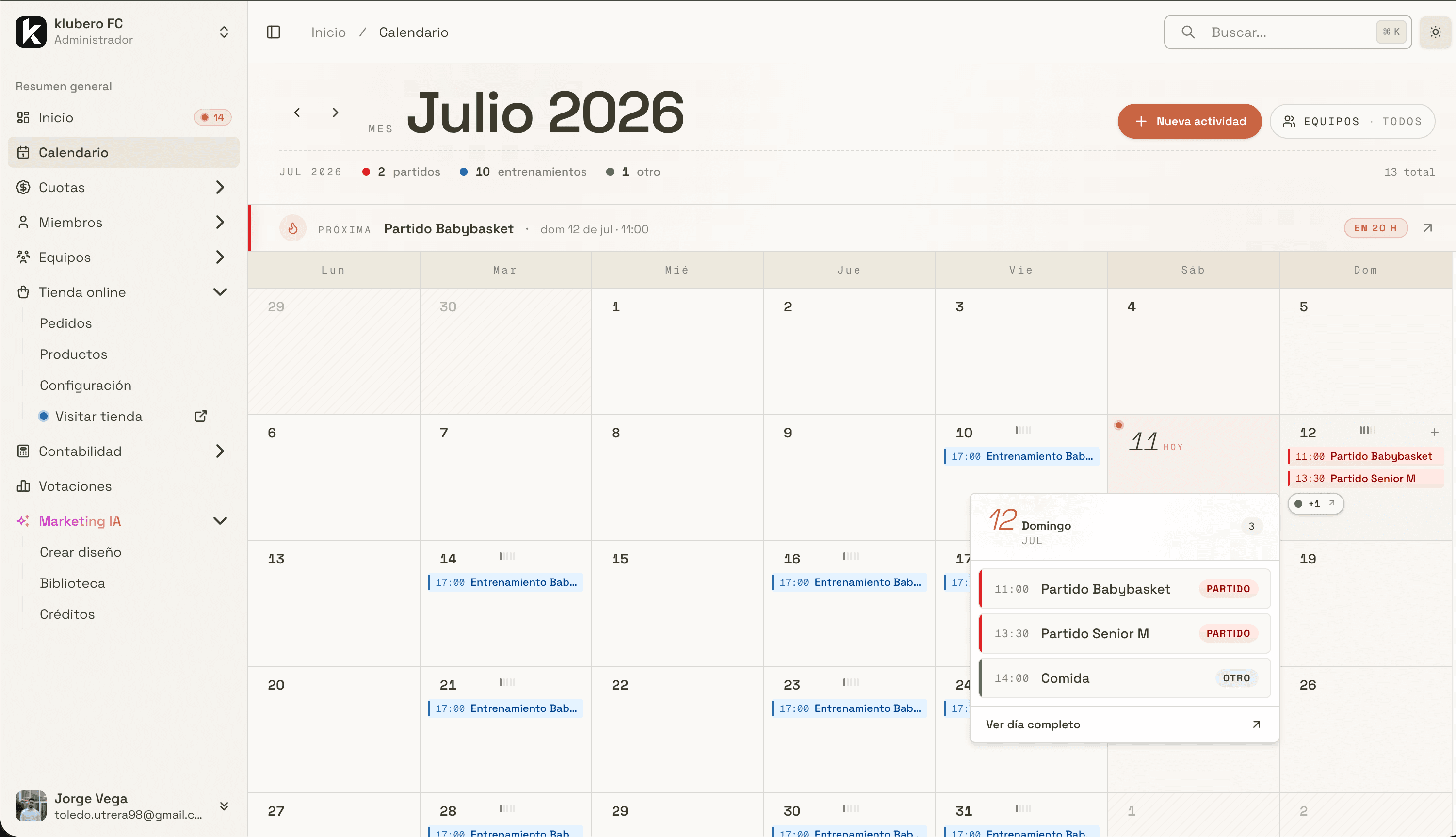 Calendario global del club en Klubero con partidos, entrenamientos y eventos de julio