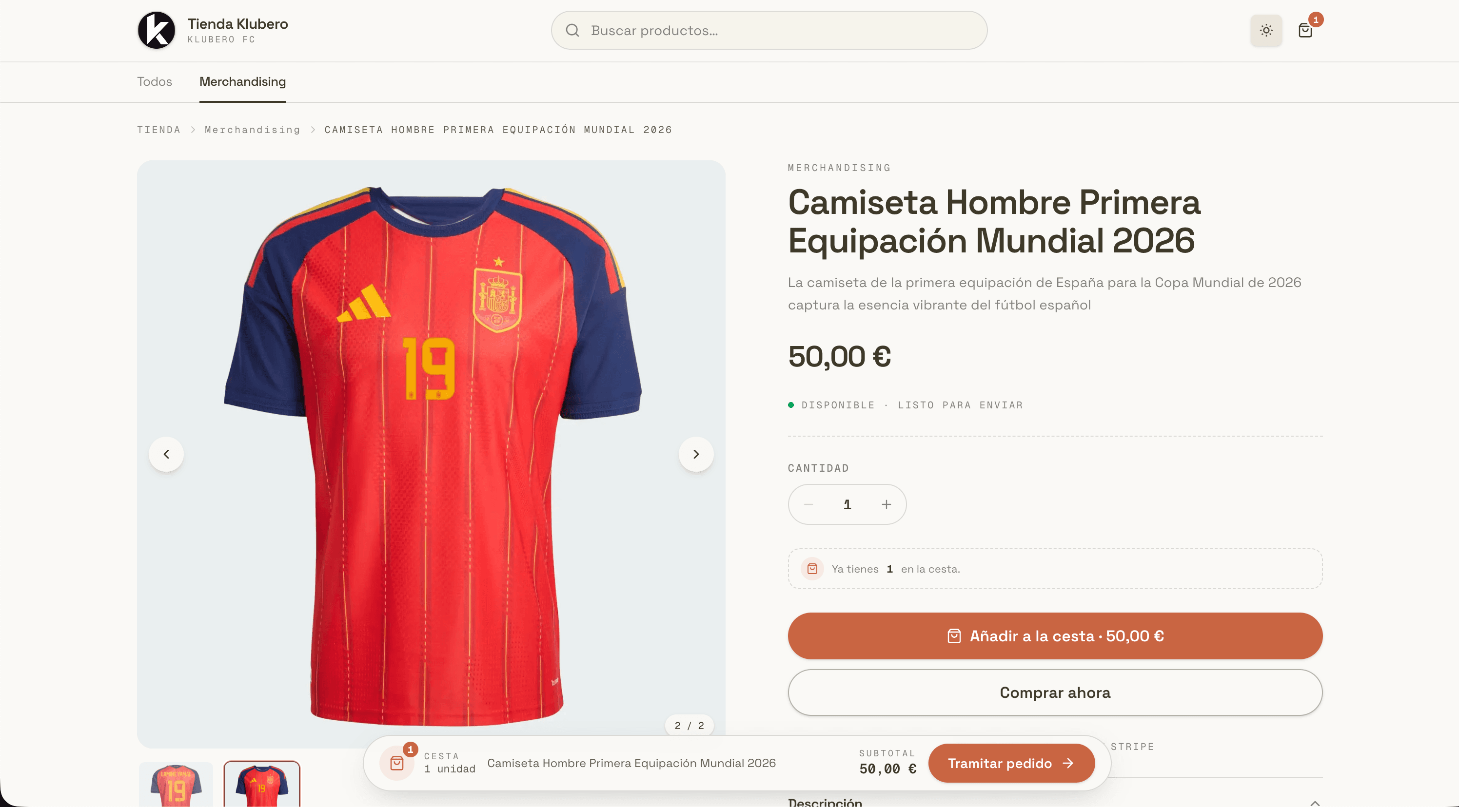 Catálogo de productos de la tienda del club en Klubero con variantes, stock y estado de publicación