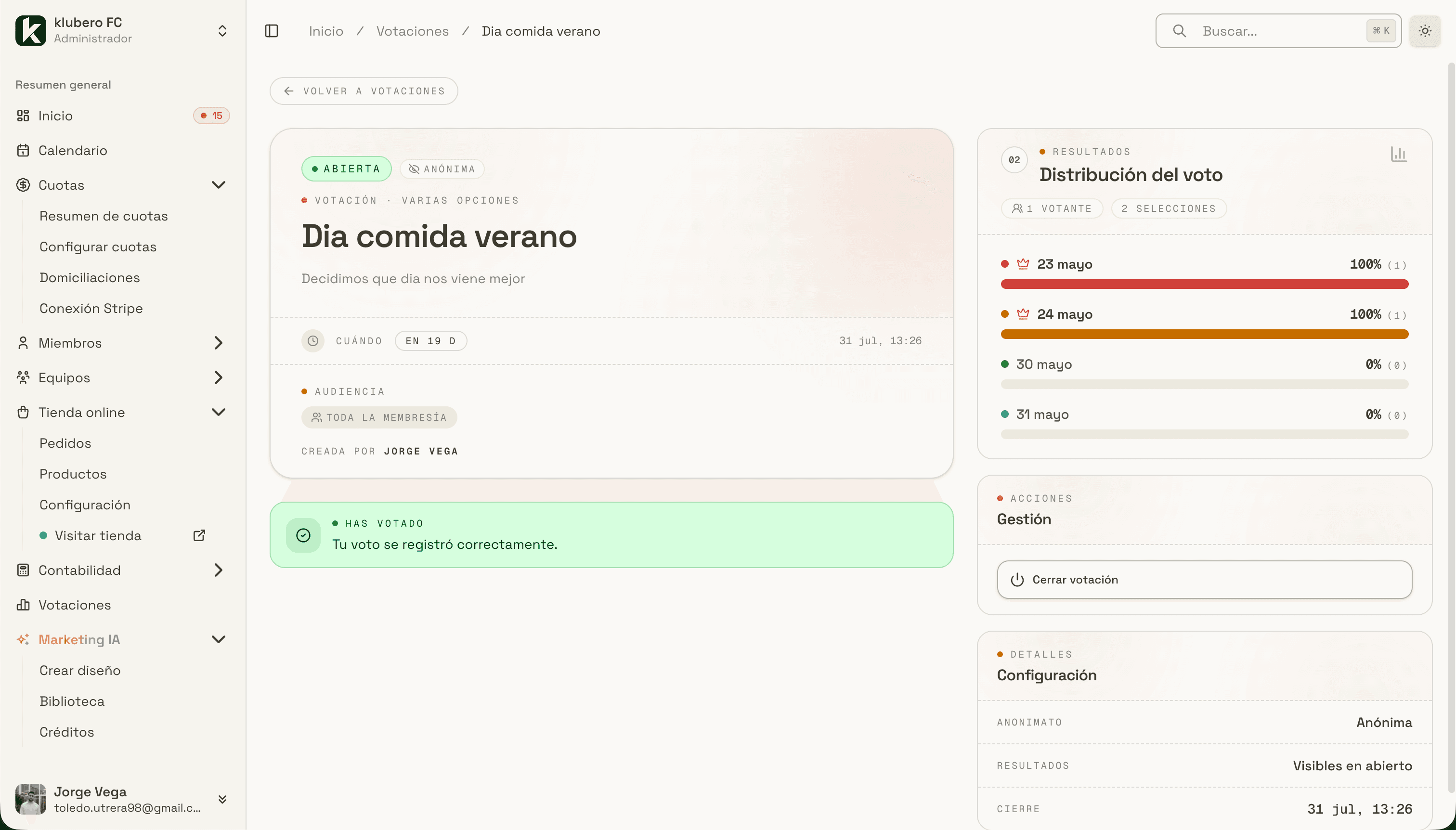 Detalle de una votación en Klubero con la distribución de votos por opción